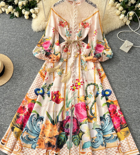 French Retro Women Black Beige Print Patchwork Lace Elegant Long Sleeves Princess Dress Boho Slim Evening Party Dress Spring New