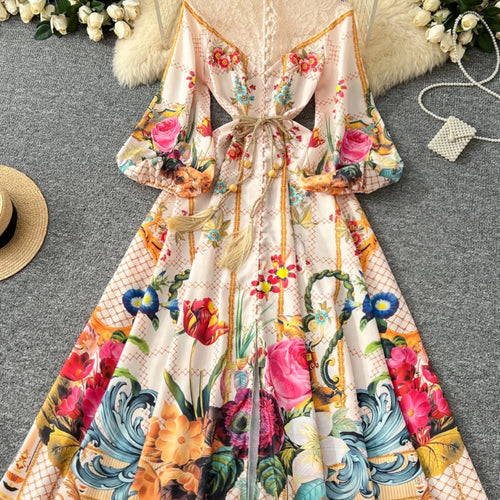 Load image into Gallery viewer, French Retro Women Black Beige Print Patchwork Lace Elegant Long Sleeves Princess Dress Boho Slim Evening Party Dress Spring New
