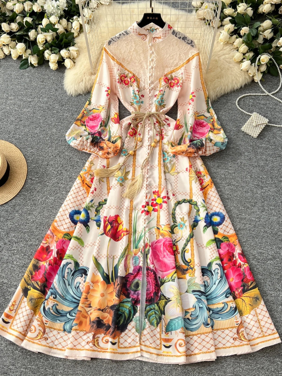French Retro Women Black Beige Print Patchwork Lace Elegant Long Sleeves Princess Dress Boho Slim Evening Party Dress Spring New