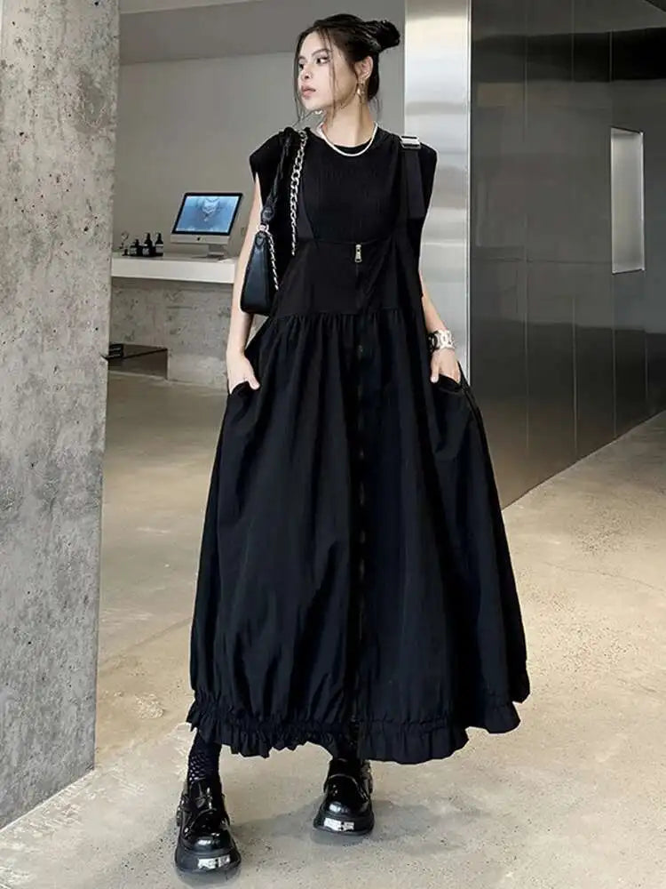 Women Green Pleated Pocket Big Size Strap Dress New Square Collar Sleeveless Fashion Tide Spring Autumn 2025 1DH6067