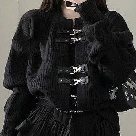 Load image into Gallery viewer, Bleted Button Black Knitted Cardigan Women Cool Punk Loose Sweater Jacket Y2k Aesthetic Tops Casual All Match Harajuku
