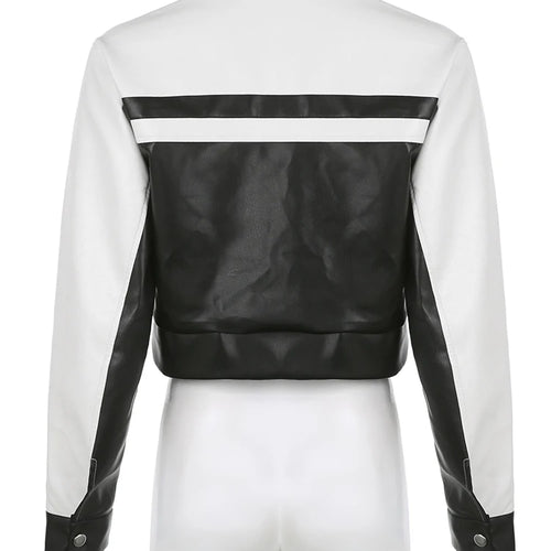 Load image into Gallery viewer, Streetwear Chic Autumn Winter PU Leather Jacket Women Zipper Coat Black White Patchwork Motorcycle Jacket Y2K Outwear
