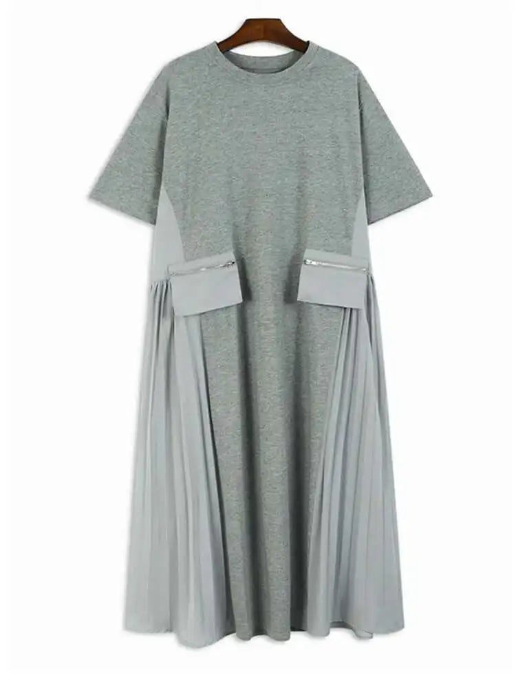 Women Black Pocket Pleated Big Size Midi Casual Dress New Round Neck Short Sleeve Fashion Tide Spring Summer 2025 1DJ0137