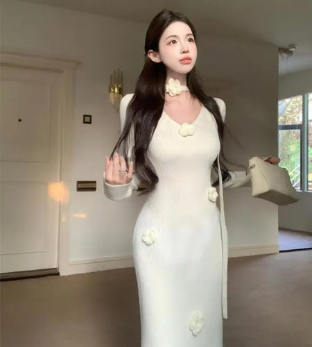 New Solid Flower Decorate V Neck Long Sleeve Knitted Dress Autumn Winter French Fashion Slim Long Sleeves Elegant Wrap Hip Dress