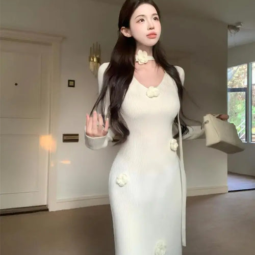 Load image into Gallery viewer, New Solid Flower Decorate V Neck Long Sleeve Knitted Dress Autumn Winter French Fashion Slim Long Sleeves Elegant Wrap Hip Dress
