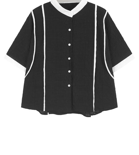Women Black Color-block Big Size Casual Blouse New Stand Collar Short Sleeve Shirt Fashion Tide Spring Summer 2025 1DJ1108