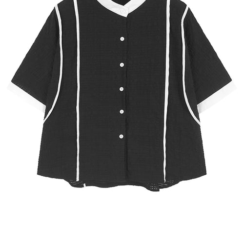 Load image into Gallery viewer, Women Black Color-block Big Size Casual Blouse New Stand Collar Short Sleeve Shirt Fashion Tide Spring Summer 2025 1DJ1108
