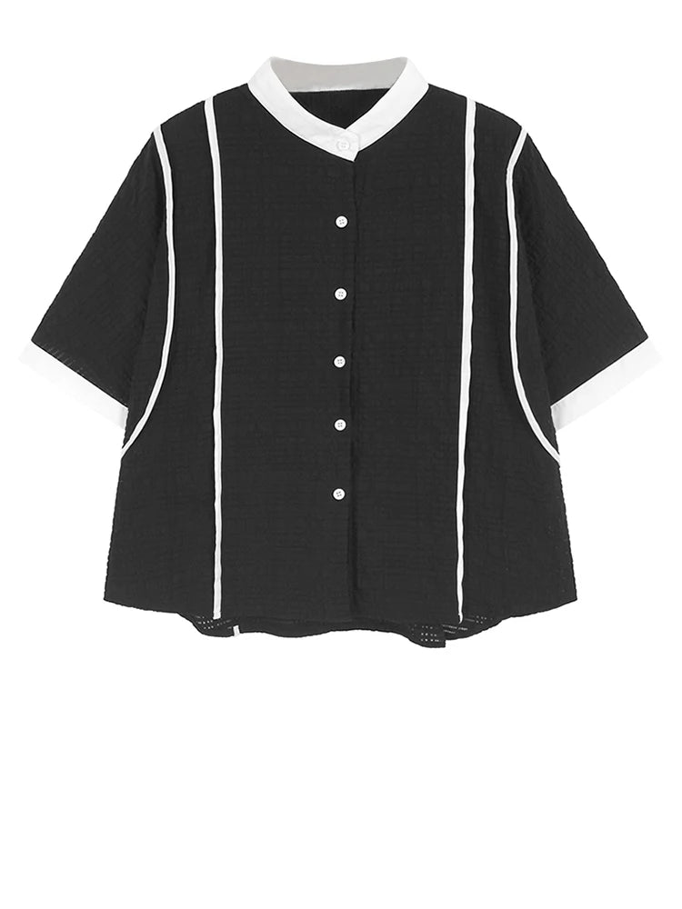 Women Black Color-block Big Size Casual Blouse New Stand Collar Short Sleeve Shirt Fashion Tide Spring Summer 2025 1DJ1108