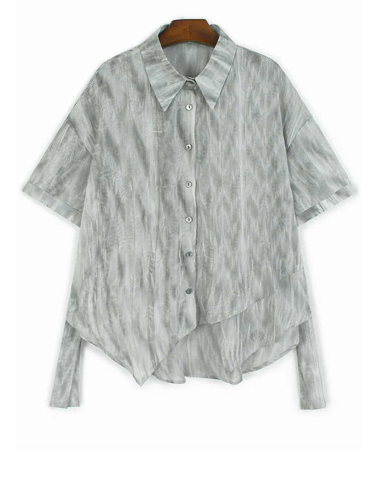 Women Dark Gray Tie Dye Ribbon Big Size Blouse New Lapel Short Sleeve Shirt Fashion Tide Spring Summer 2025 1DJ1047