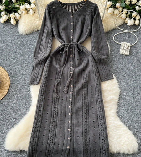 Women's Solid Single Breasted Hollow Out Knit Lace-up Dress Autumn Fashion Round Neck Elegant Festival Sweater Long Dresses 2024