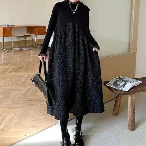 Load image into Gallery viewer, Women Black Pattern Textured Big Size  Long Vest Dress New V-Neck Sleeveless Fashion Tide Spring Autumn 2025 1DH844101
