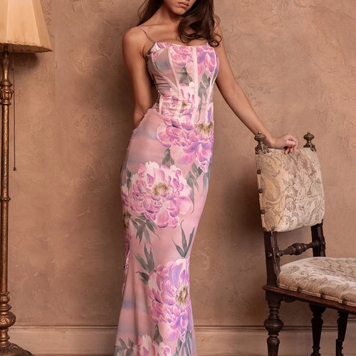 Load image into Gallery viewer, Pink Floral Sexy Maxi Dress Women Gown Spaghetti Strap Sleeveless Backless Elegant Evening Club Party Long Dress

