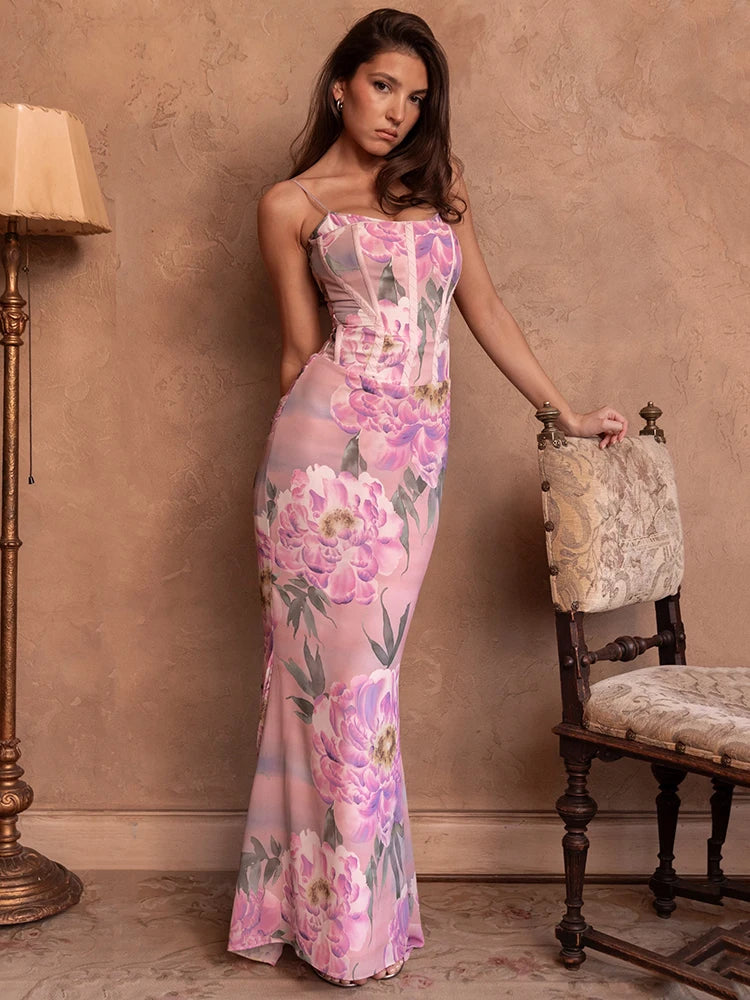 Pink Floral Sexy Maxi Dress Women Gown Spaghetti Strap Sleeveless Backless Elegant Evening Club Party Long Dress