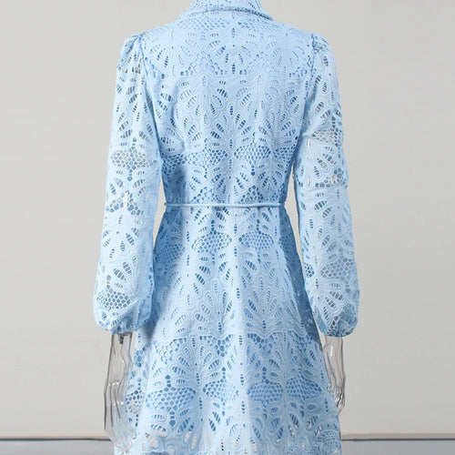 Load image into Gallery viewer, Hollow Out Spliced Lace Up Fashion Dresses for Women Lapel Long Sleeves Patchwork Single Breasted Dress Female New
