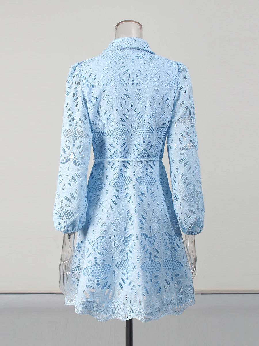 Hollow Out Spliced Lace Up Fashion Dresses for Women Lapel Long Sleeves Patchwork Single Breasted Dress Female New