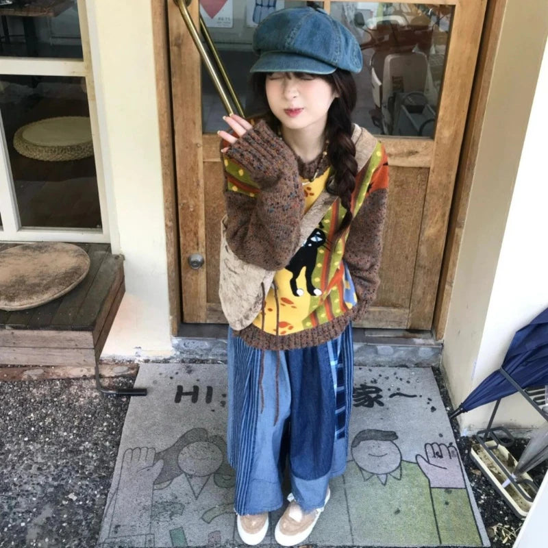 Loose Grunge Cartoon Jacquard Pullovers Y2k Aesthetic Vintage Knitted Sweaters Streetwear Patchwork Harajuku Women's Jumpers