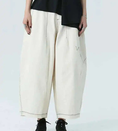 High Elastic Waist Beige Topstitched Long Wide Leg  Pants New Trousers Women Fashion Tide Spring Autumn 2025  1DH4948