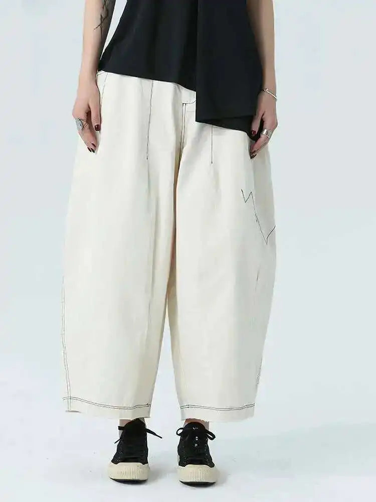 High Elastic Waist Beige Topstitched Long Wide Leg  Pants New Trousers Women Fashion Tide Spring Autumn 2025  1DH4948