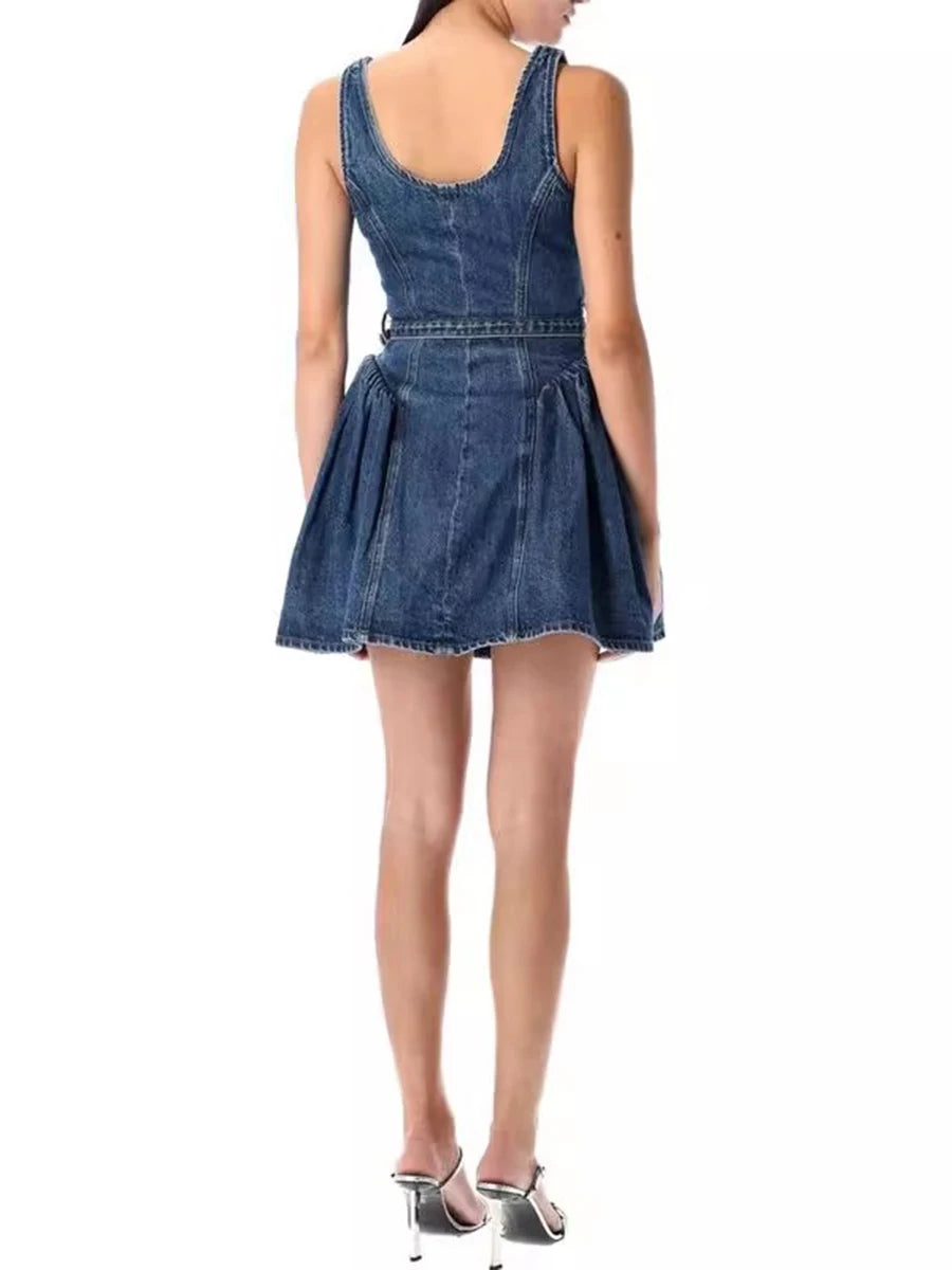 Solid Spliced Button Chic Dresses For Women Square Neck Sleeveless High Waist Temperament Slimming Dress Female New