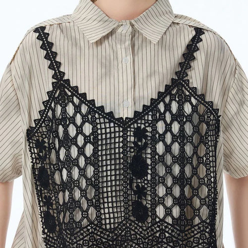 Load image into Gallery viewer, Women Black Striped Lace Spliced Big Size Midi Shirt Dress New Lapel Short Sleeve Fashion Tide Spring Summer 2025 1DJ1257
