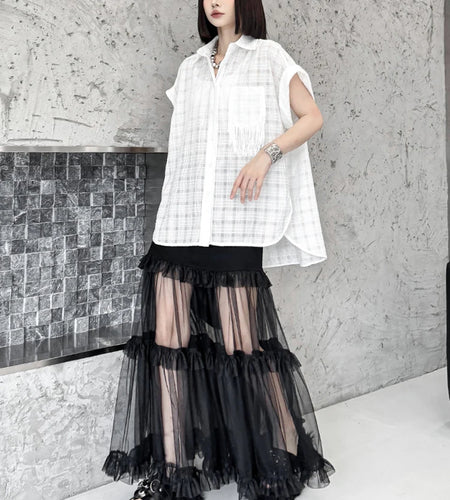 Women White Pocket Tassels Perspective Big Size Blouse New Lapel Short Sleeve Shirt Fashion Spring Summer 2025 1DJ1680