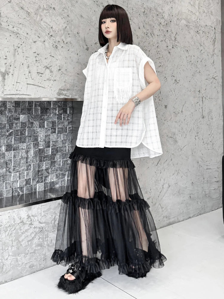 Women White Pocket Tassels Perspective Big Size Blouse New Lapel Short Sleeve Shirt Fashion Spring Summer 2025 1DJ1680