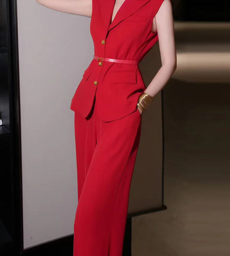 Solid Temperament Two Piece Sets for Women Lapel Sleeveless Spliced Single Breasted Top High Waist Pant Set Female