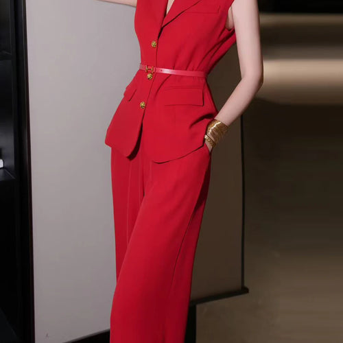 Load image into Gallery viewer, Solid Temperament Two Piece Sets for Women Lapel Sleeveless Spliced Single Breasted Top High Waist Pant Set Female
