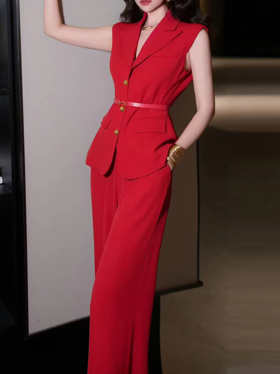 Solid Temperament Two Piece Sets for Women Lapel Sleeveless Spliced Single Breasted Top High Waist Pant Set Female