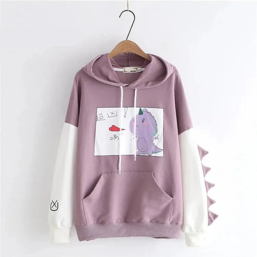 Load image into Gallery viewer, Women Dinosaur Sweatshirt With Horns On Sleeve Cotton Hoodies Sweatshirts Winter Hooded Hawaii Pullovers
