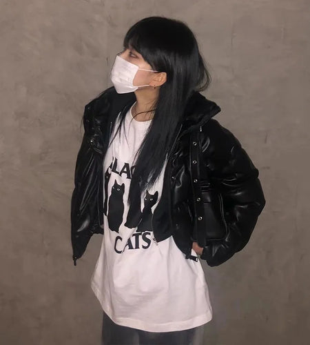 Korean Fashion Cat Print T-shirt Grunge Oversized Short Sleeve Tshirts Kpop Kawaii Chic Tops Women Japanese Streetwear