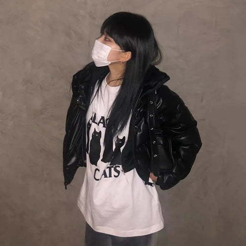 Load image into Gallery viewer, Korean Fashion Cat Print T-shirt Grunge Oversized Short Sleeve Tshirts Kpop Kawaii Chic Tops Women Japanese Streetwear
