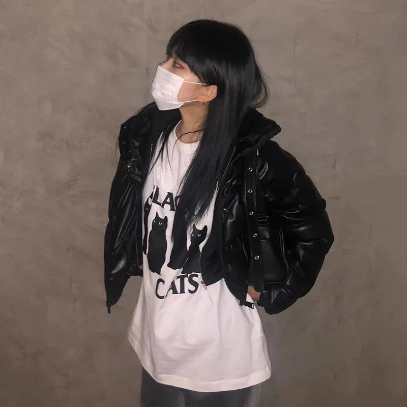 Korean Fashion Cat Print T-shirt Grunge Oversized Short Sleeve Tshirts Kpop Kawaii Chic Tops Women Japanese Streetwear