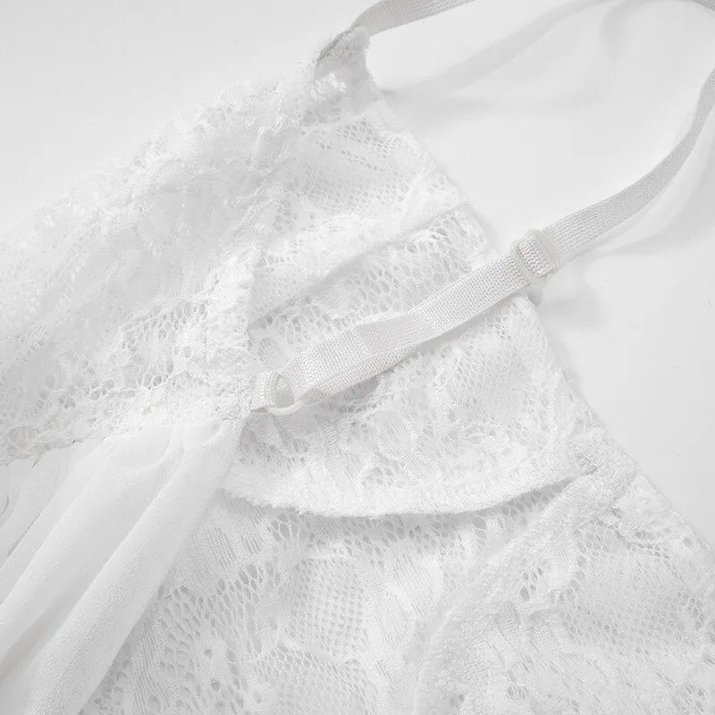 White Lace Sexy Two Piece Sets Woman Halter Top And Long Maxi Skirt Ladies Fashion Sheer Mesh Elegant Matching Sets