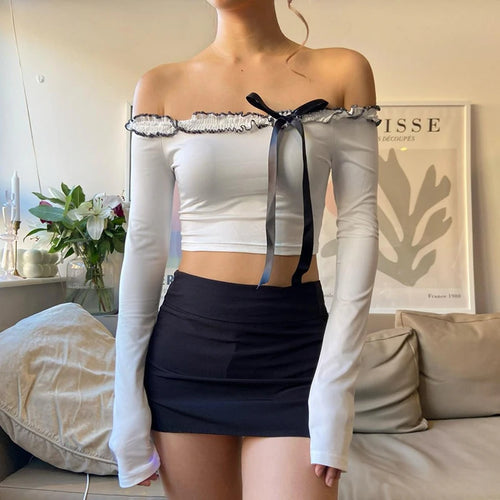 Load image into Gallery viewer, Fashion Chic Bow Skinny Crop Tops Off Shoulder Ruched Streetwear Bow Frills Party Women&#39;s T-shirts Spring Korean Cute
