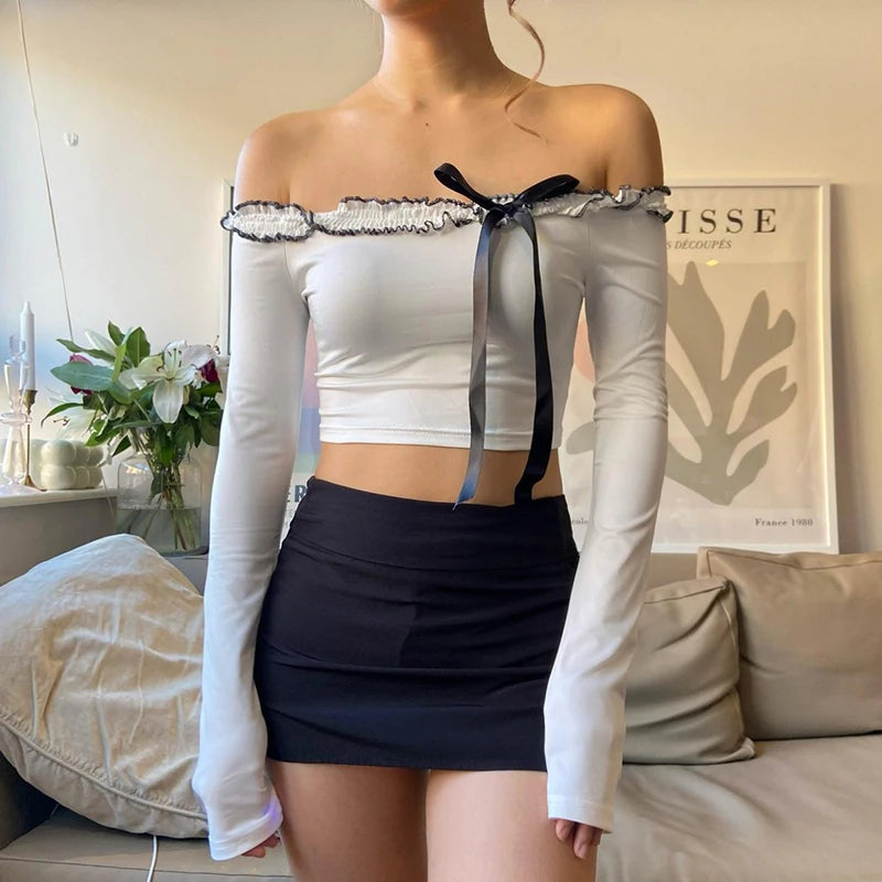 Fashion Chic Bow Skinny Crop Tops Off Shoulder Ruched Streetwear Bow Frills Party Women's T-shirts Spring Korean Cute