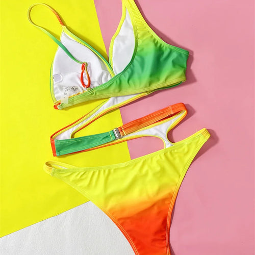 Load image into Gallery viewer, Colorful Gradient One Piece Swimsuit Sexy Swimwear for Women High Cut Bathing Suit Hollow Out Monokini
