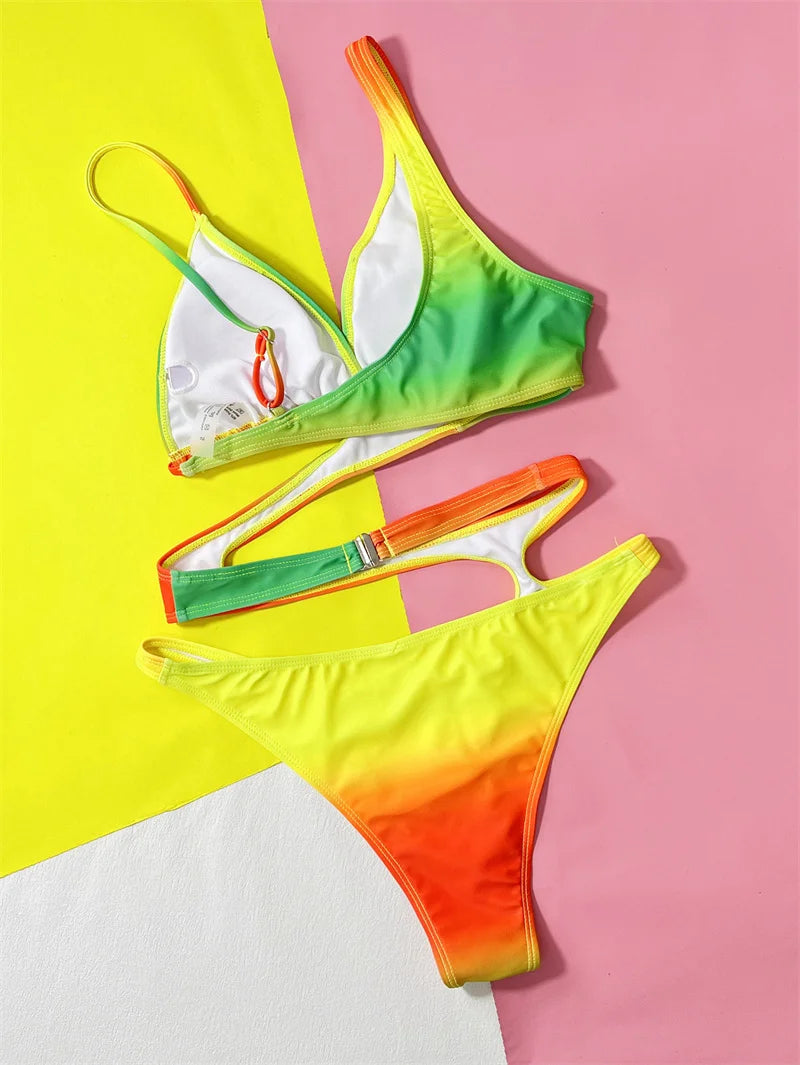 Colorful Gradient One Piece Swimsuit Sexy Swimwear for Women High Cut Bathing Suit Hollow Out Monokini