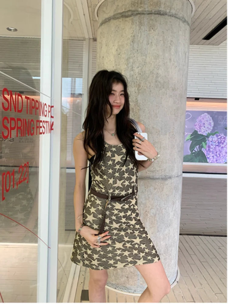 Y2k Slip Dress Women American Retro Star Sexy Mini Short Dresses Spaghetti Strap Summer Fashion Sundress Streetwear