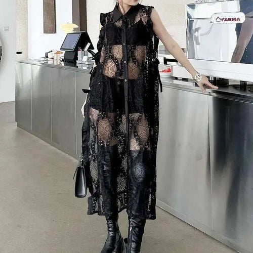 Load image into Gallery viewer, Women White Lace Perspective Ruffles Big Size Shirt Dress New Lapel Sleeveless Fashion Tide Spring Summer 2025 1DH6069
