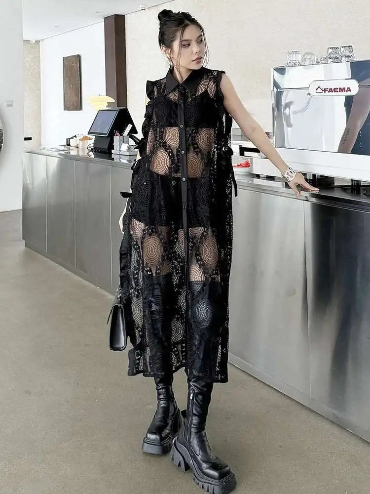 Women White Lace Perspective Ruffles Big Size Shirt Dress New Lapel Sleeveless Fashion Tide Spring Summer 2025 1DH6069