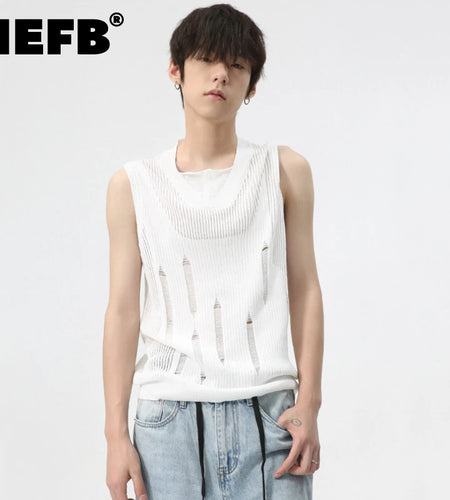 Minimalist Loose Tank Top Thin Men Solid Color Round Neck Knitted Vest Niche Design Hollow Out Sleeveless Summer