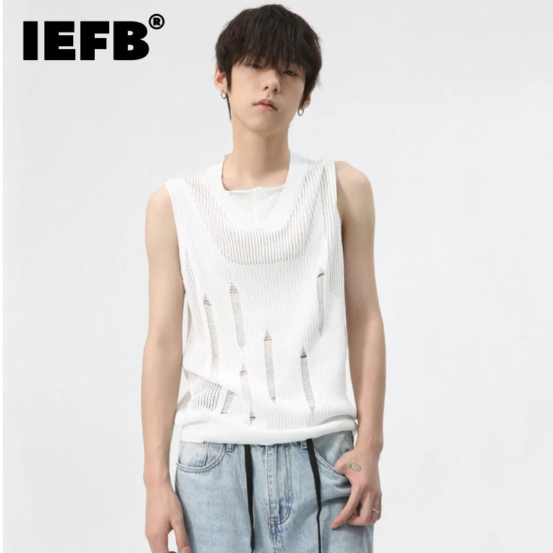 Minimalist Loose Tank Top Thin Men Solid Color Round Neck Knitted Vest Niche Design Hollow Out Sleeveless Summer