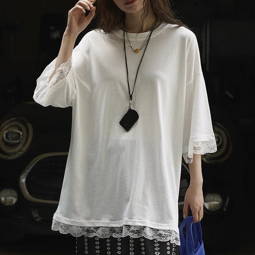 Load image into Gallery viewer, Women Gray Lace Hem Big Size Casual T-shirt New Round Neck Three-quarter Sleeve Fashion Tide Spring Autumn 2025 1DJ1929

