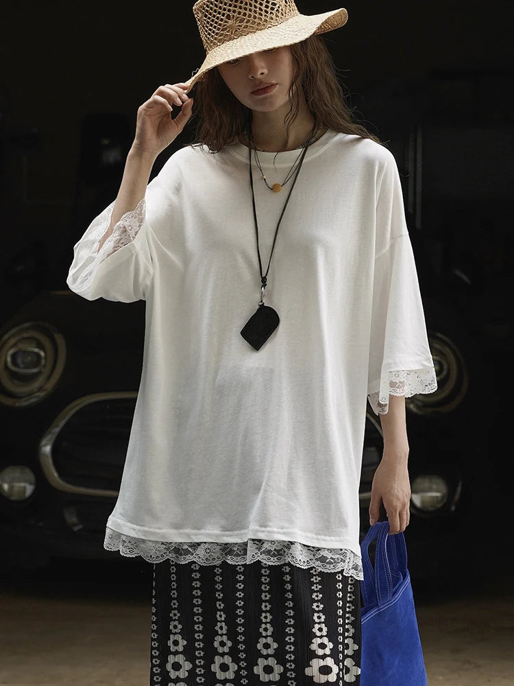 Women Gray Lace Hem Big Size Casual T-shirt New Round Neck Three-quarter Sleeve Fashion Tide Spring Autumn 2025 1DJ1929