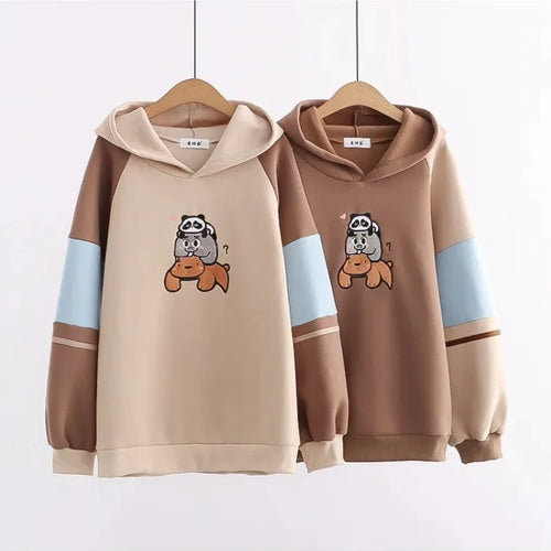 Load image into Gallery viewer, Cartoon Animal Embroider Harajuku Fleece Women Hoodies Winter Thick Drawstring Patchwork Hooded Sweatshirt Female Tops
