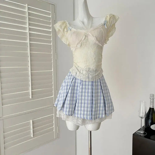 Load image into Gallery viewer, Summer Women&#39;s 2025 New Beige Lace Elegant Ruffles Halter Lace-up Tops And Blue Plaid High Waist Sexy Mini Skirt Two-piece Sets
