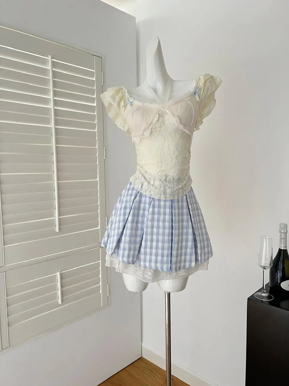 Summer Women's 2025 New Beige Lace Elegant Ruffles Halter Lace-up Tops And Blue Plaid High Waist Sexy Mini Skirt Two-piece Sets