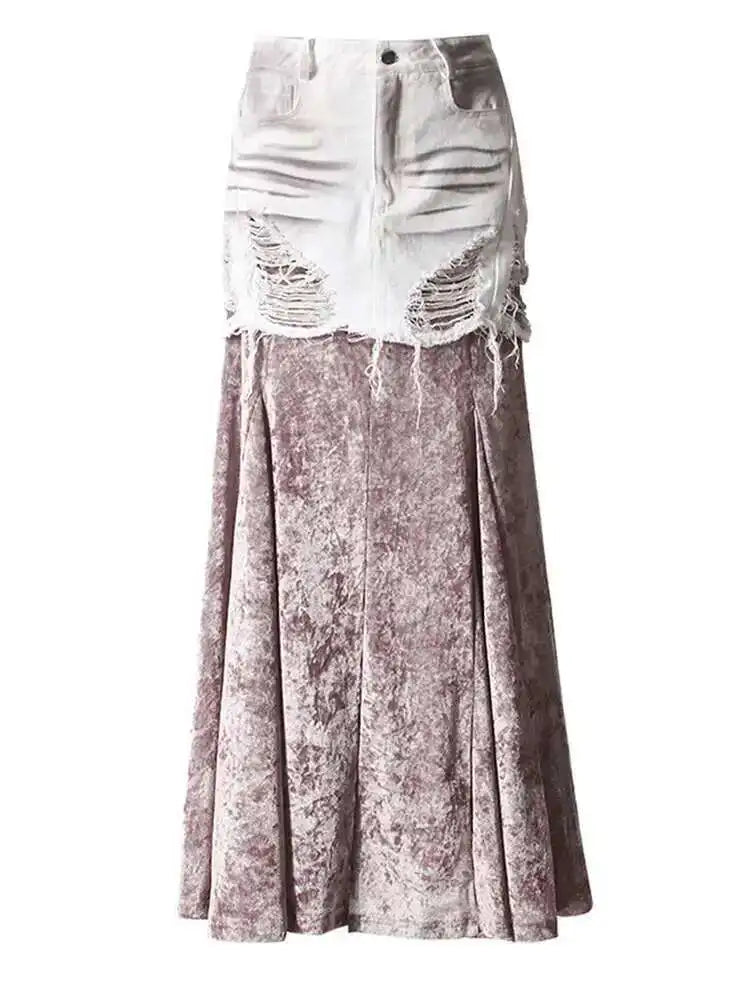 Velvet Denim T-shirt Half-body Skirt Two Pieces Suit New Slash Neck Long Sleeve Women Fashion Spring Autumn 2025 7AB6039