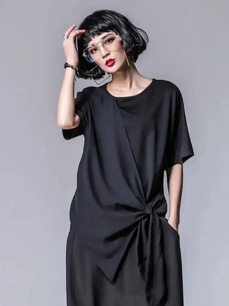 Women Black Asymmetric Chiffon Pleated Big Size T-shirt New Round Neck Short Sleeve Fashion Spring Summer 2025 1DF4730